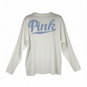 PINK Victoria’s Secret Women’s size Large Long Sleeve White Shirt Back Spellout
